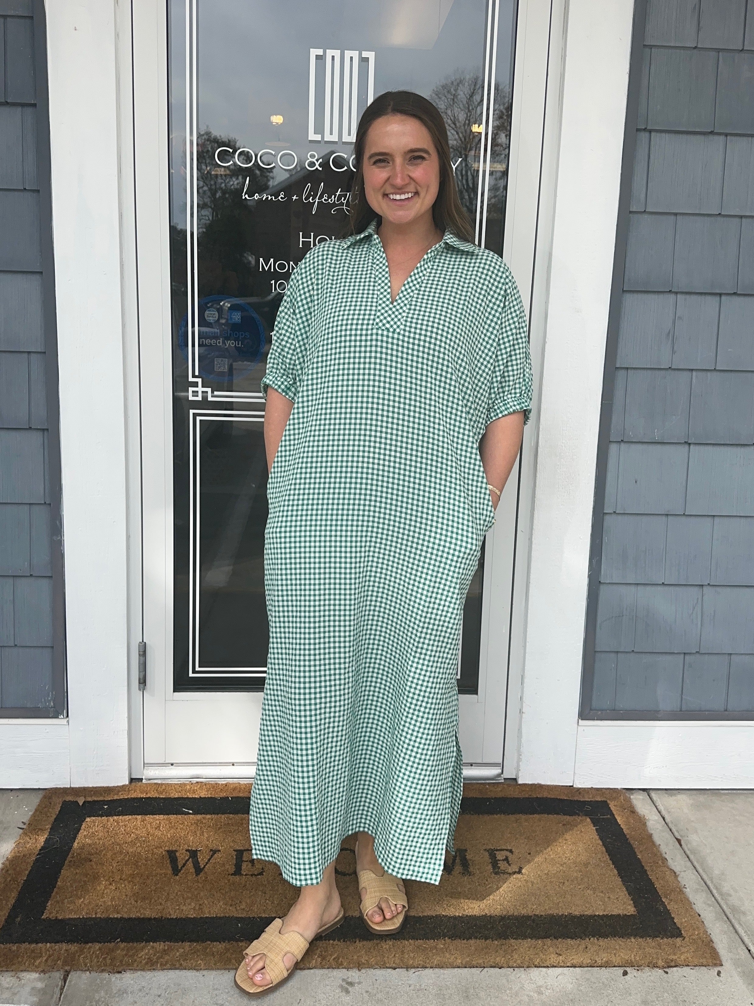 Green Gingham Check Midi Dress