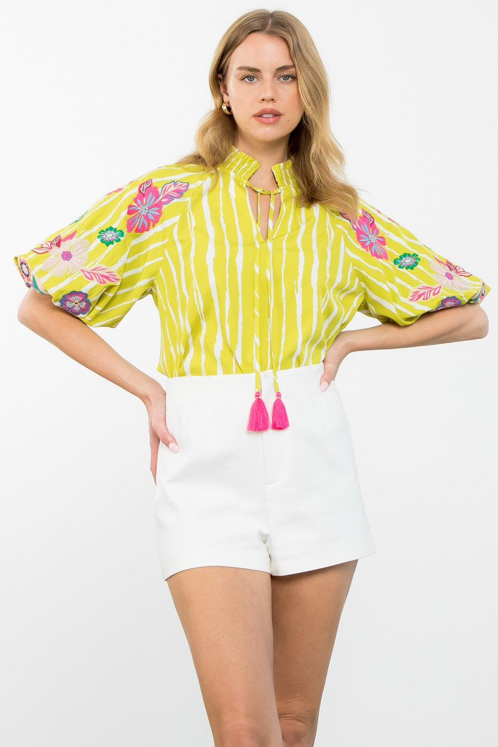 THML Electric Embroidered Puff Sleeve Top