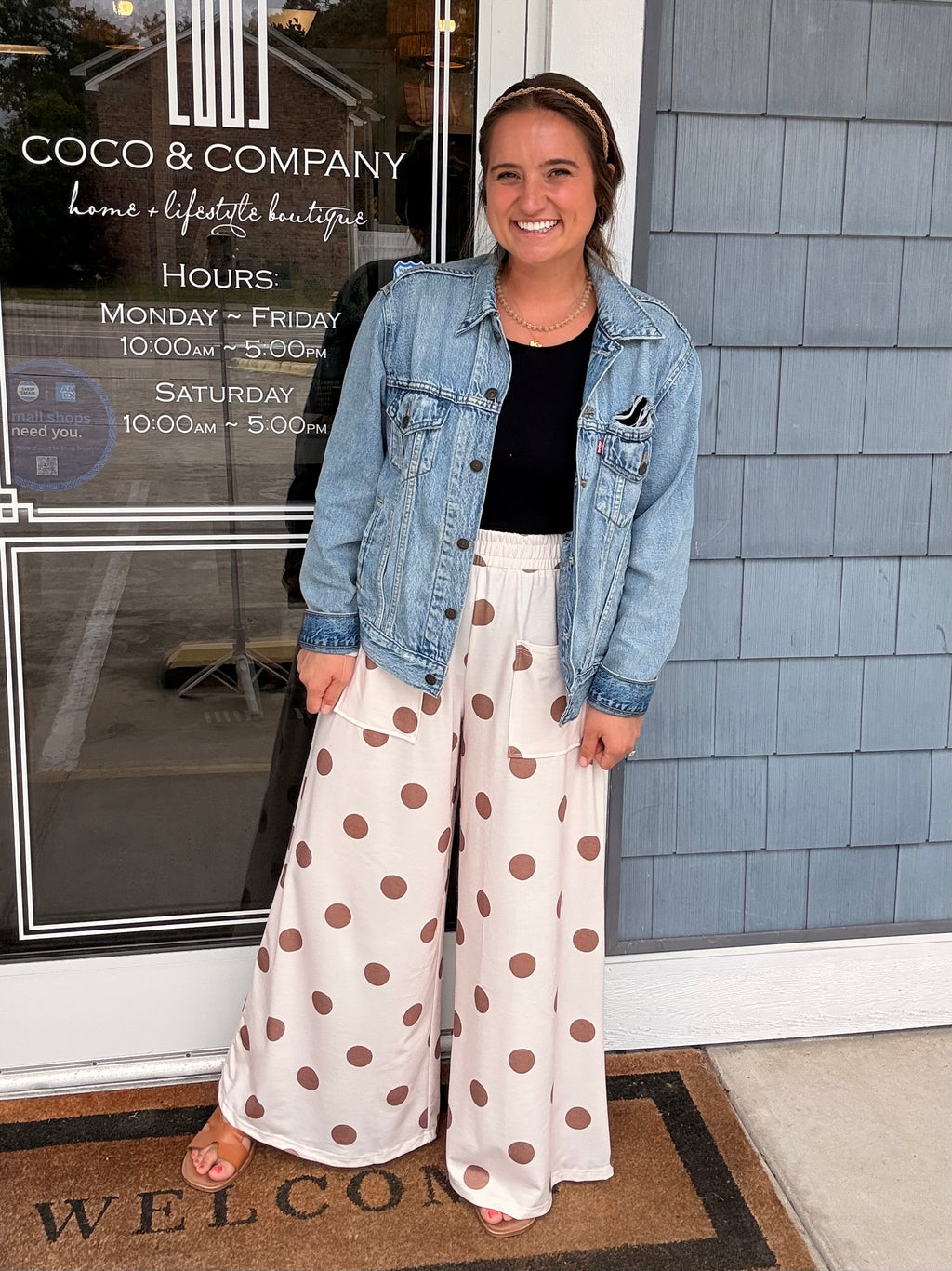 Brown & Cream Polka Dot Elastic Wide Leg Pants