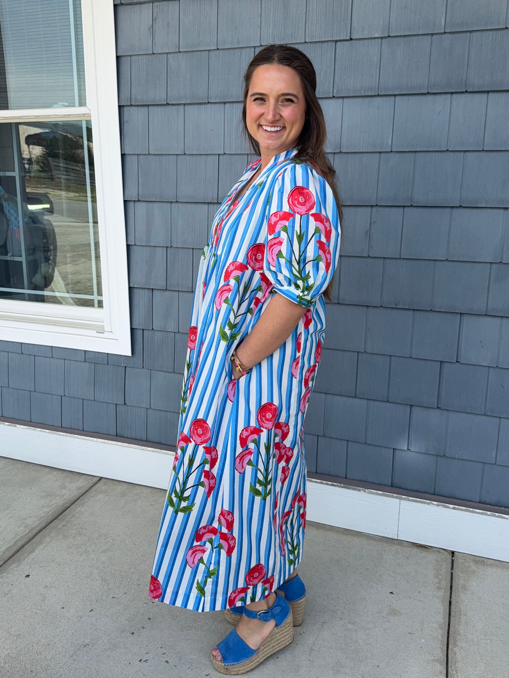 Blue Stripe Floral Midi Dress