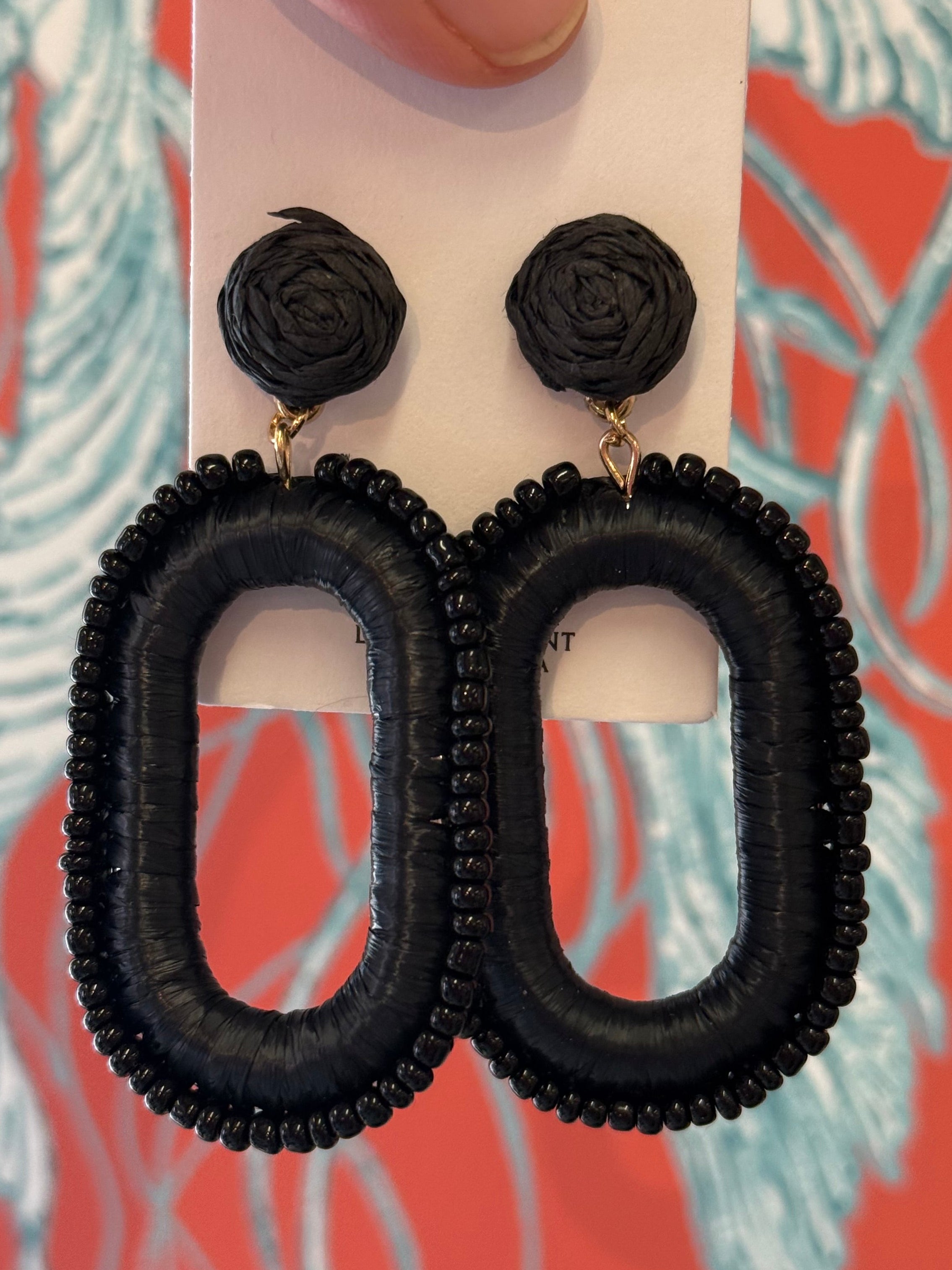 Black Beaded Oval Post Earrings