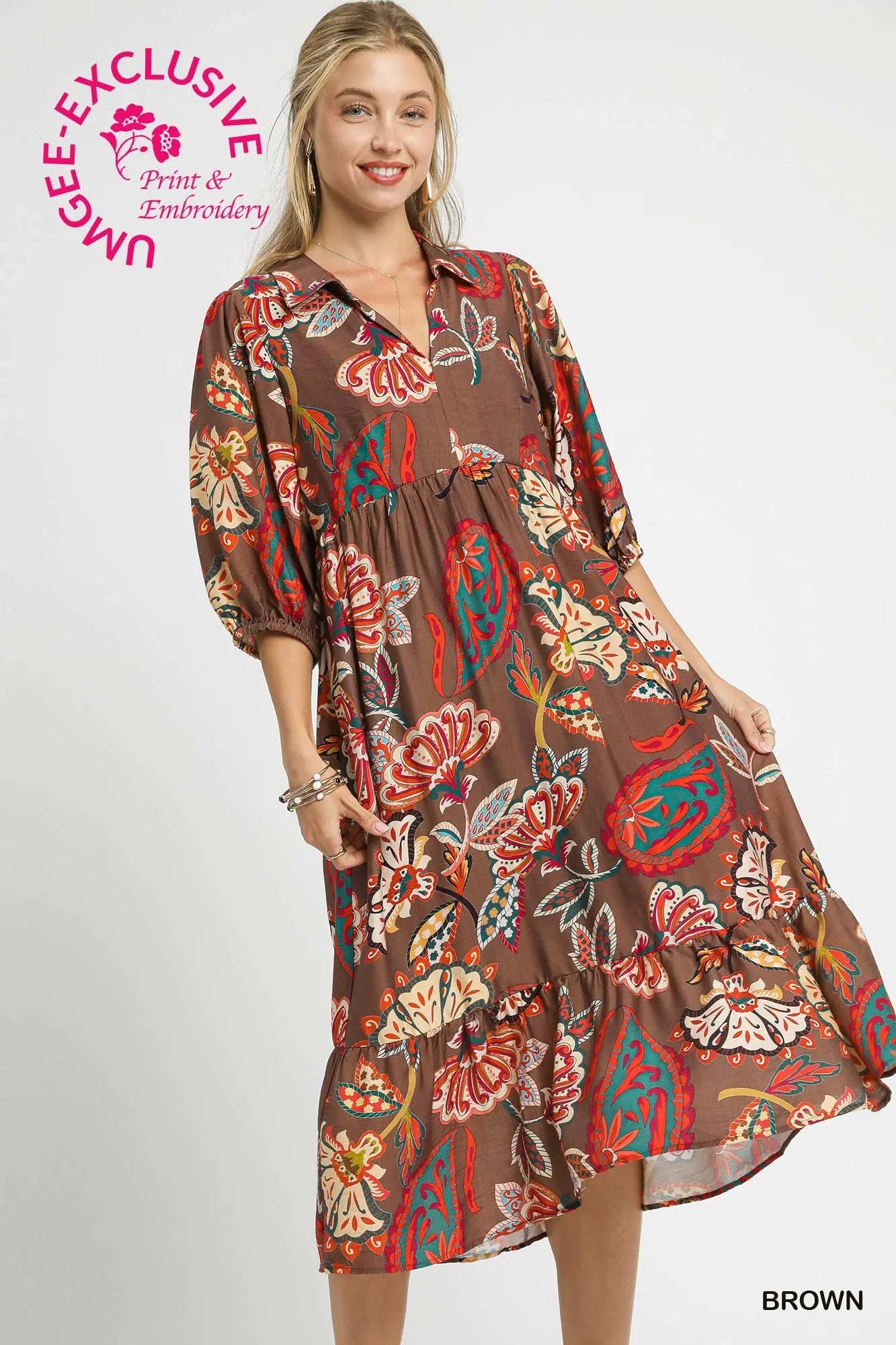 Brown Paisley Print Midi Dress