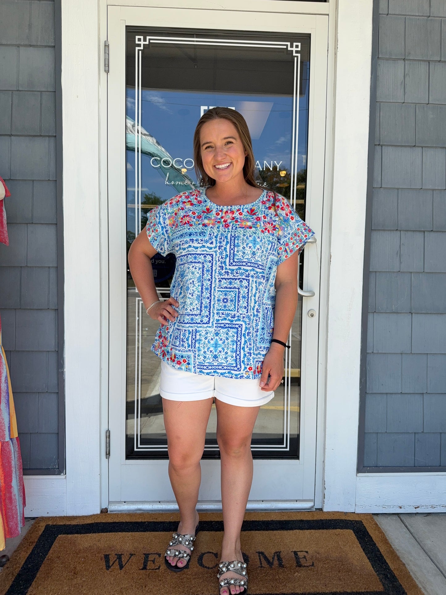 Blue Floral Embroidery Top
