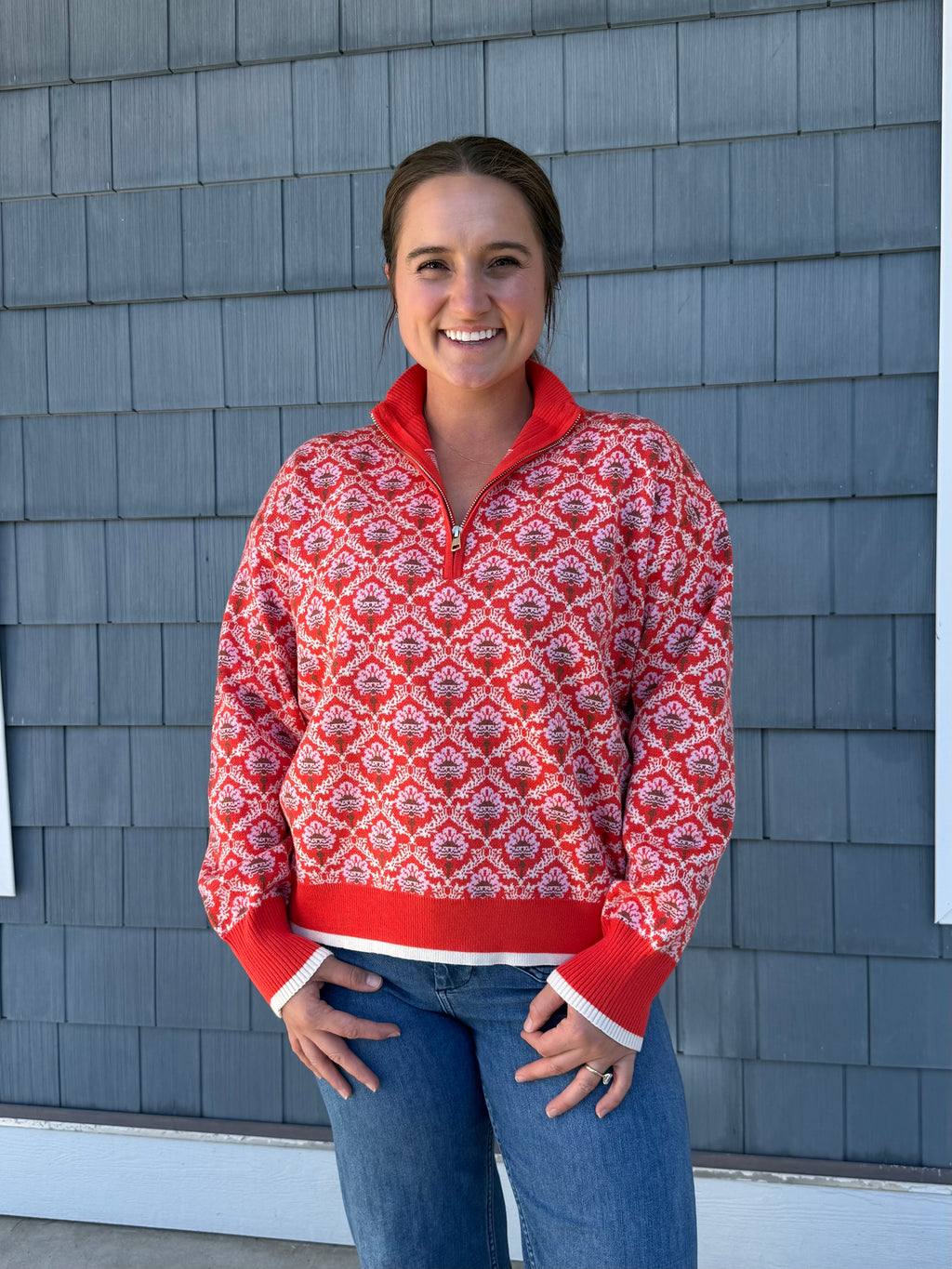 Red Orange Multi Floral Half Zip Mock Neck Pullover Sweater