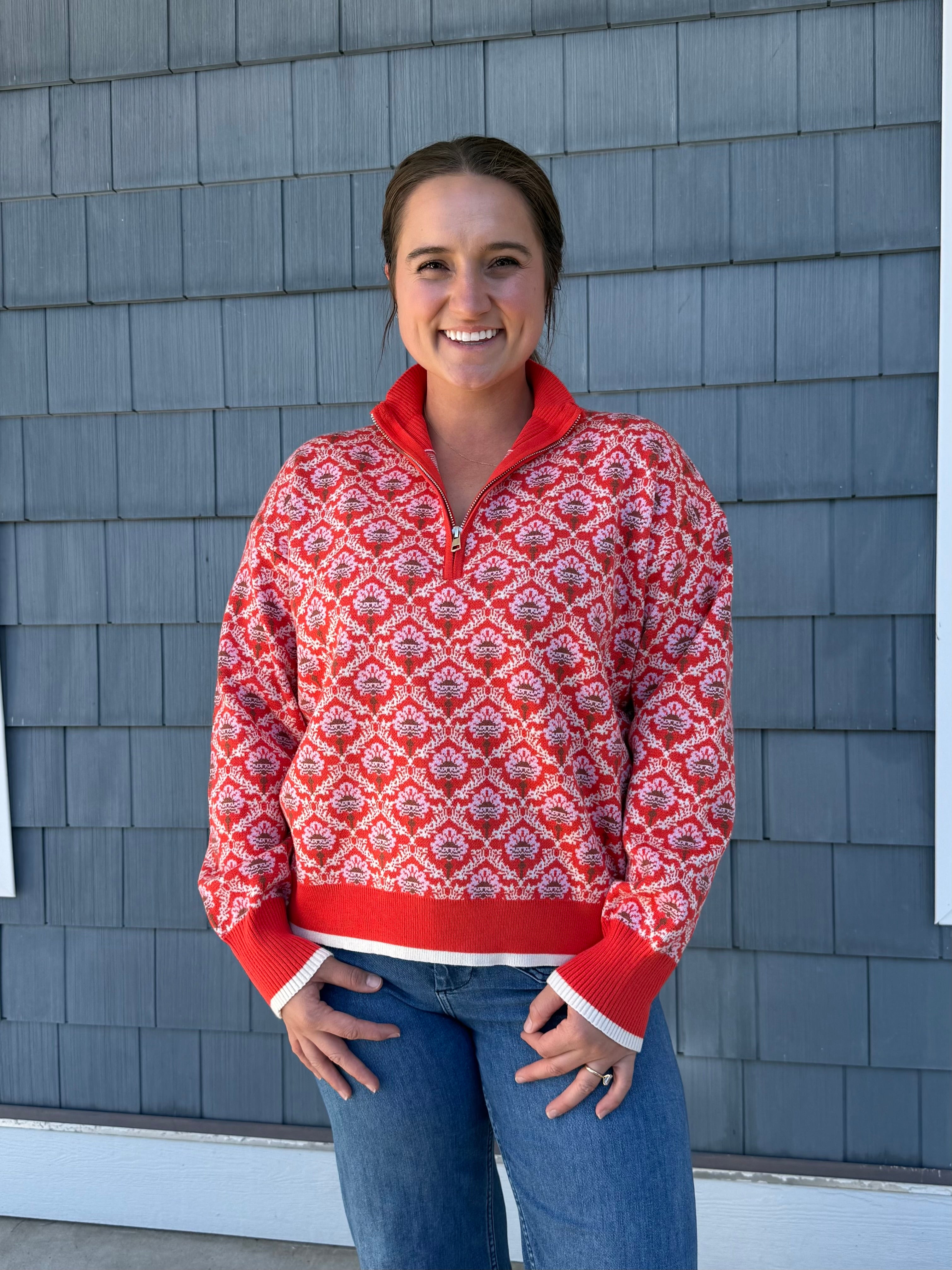 Red Orange Multi Floral Half Zip Mock Neck Pullover Sweater