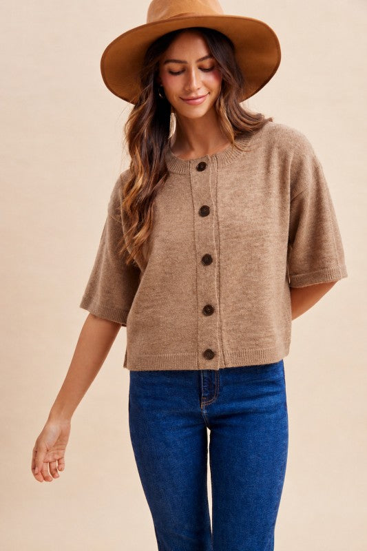 Soft Mocha Half Sleeve Button Down Knit Cardigan