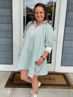 Green & White Mock Neck Banded Puff Sleeve Mini Dress