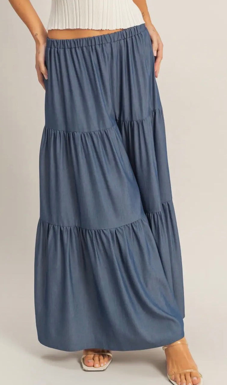 Denim 3-tier Elastic Waist Skirt