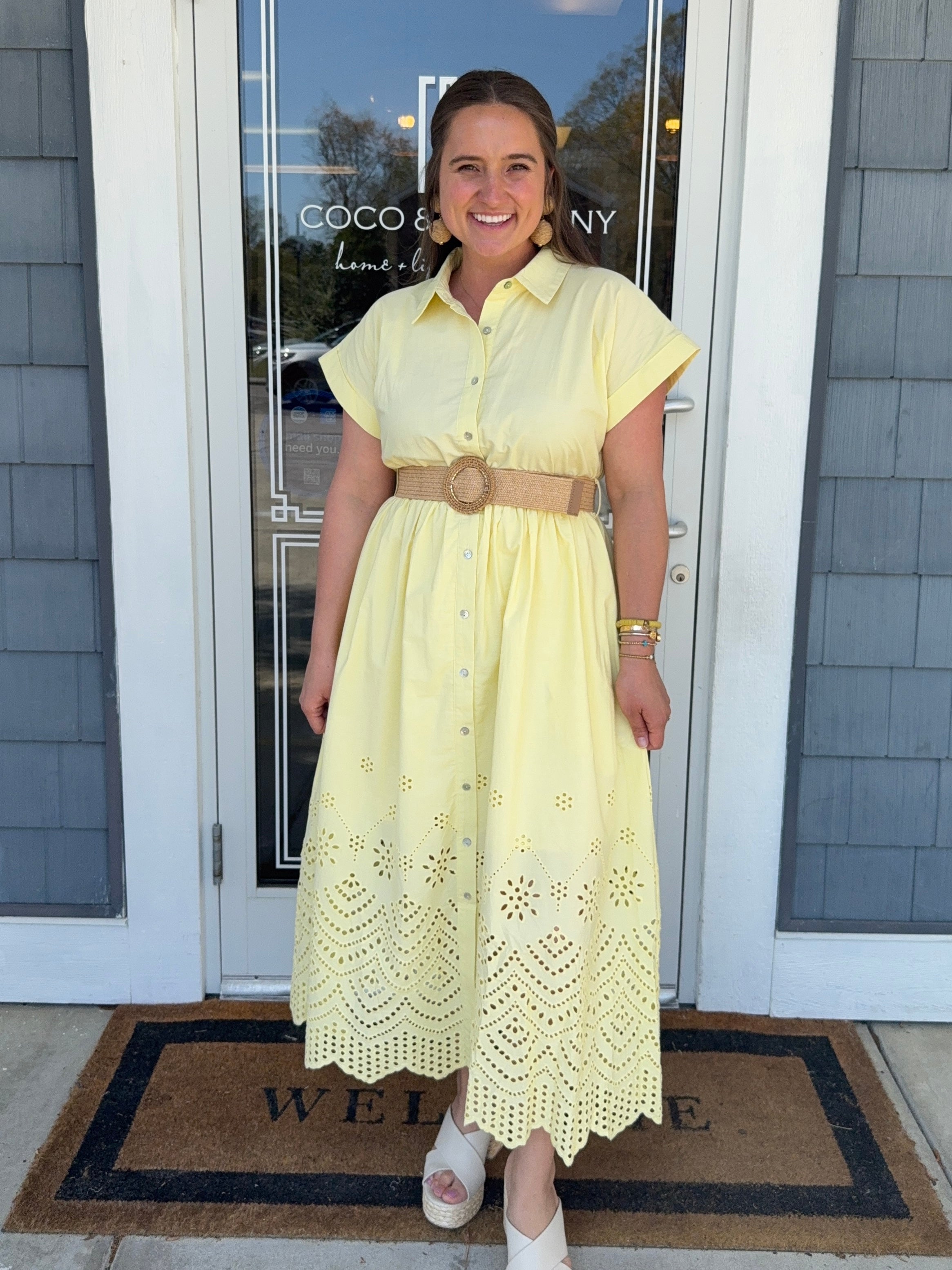 Lemon Eyelet Midi Dress Scallop Trim