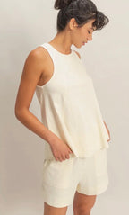 Sleeveless Round Neck Top & shorts Set- Cream
