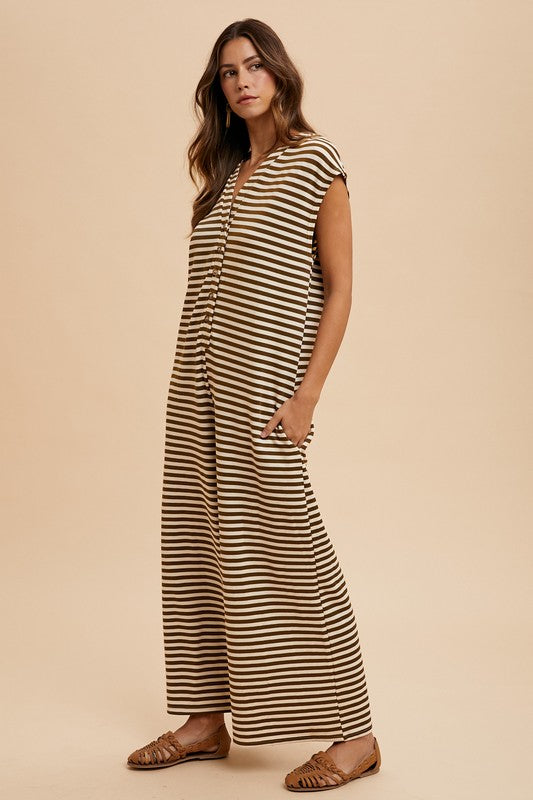 Mocha Stripe Knit Wide Leg Button Down Jumpsuit