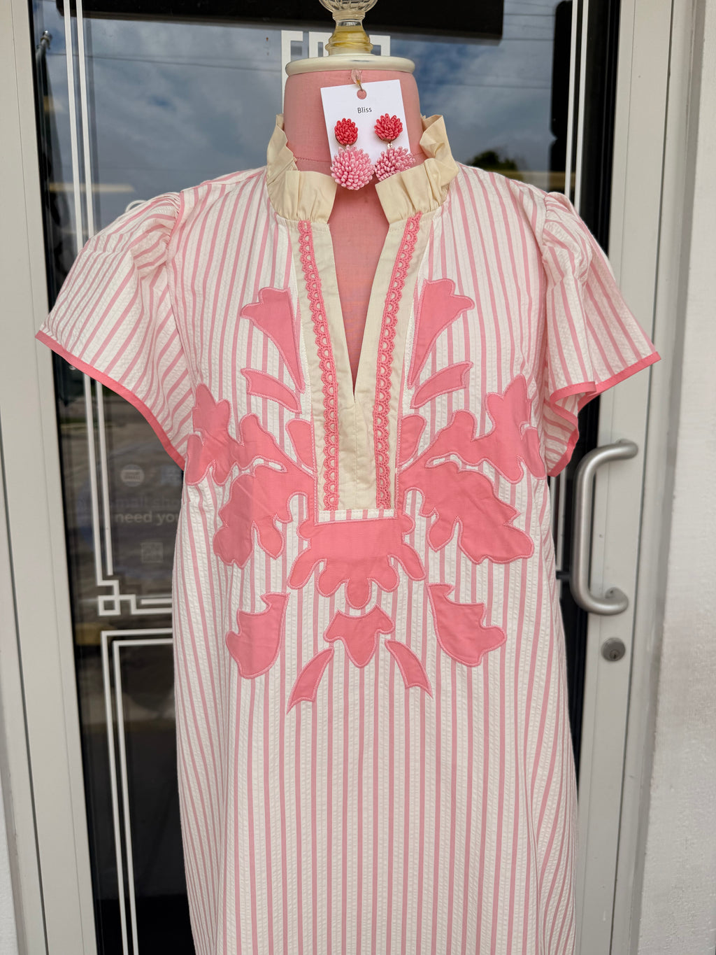 Light Pink Striped Floral Appliqué Shift Dress