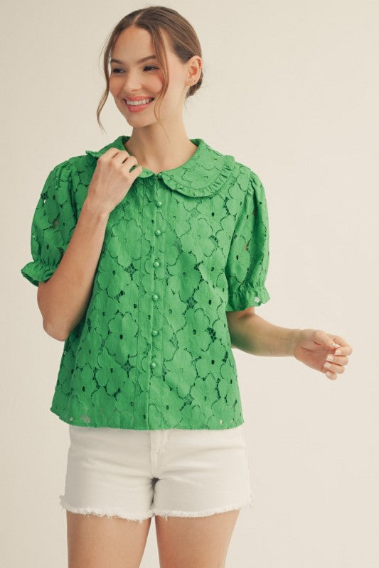 Kelly Green Peter Pan Collar Lace Top