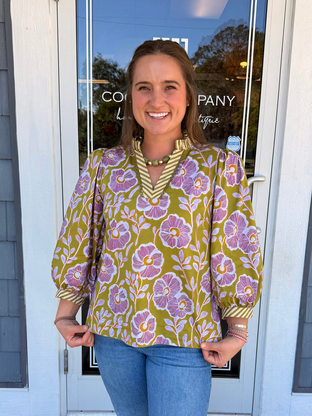Green Floral V-neck Top