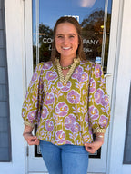 Green Floral V-neck Top