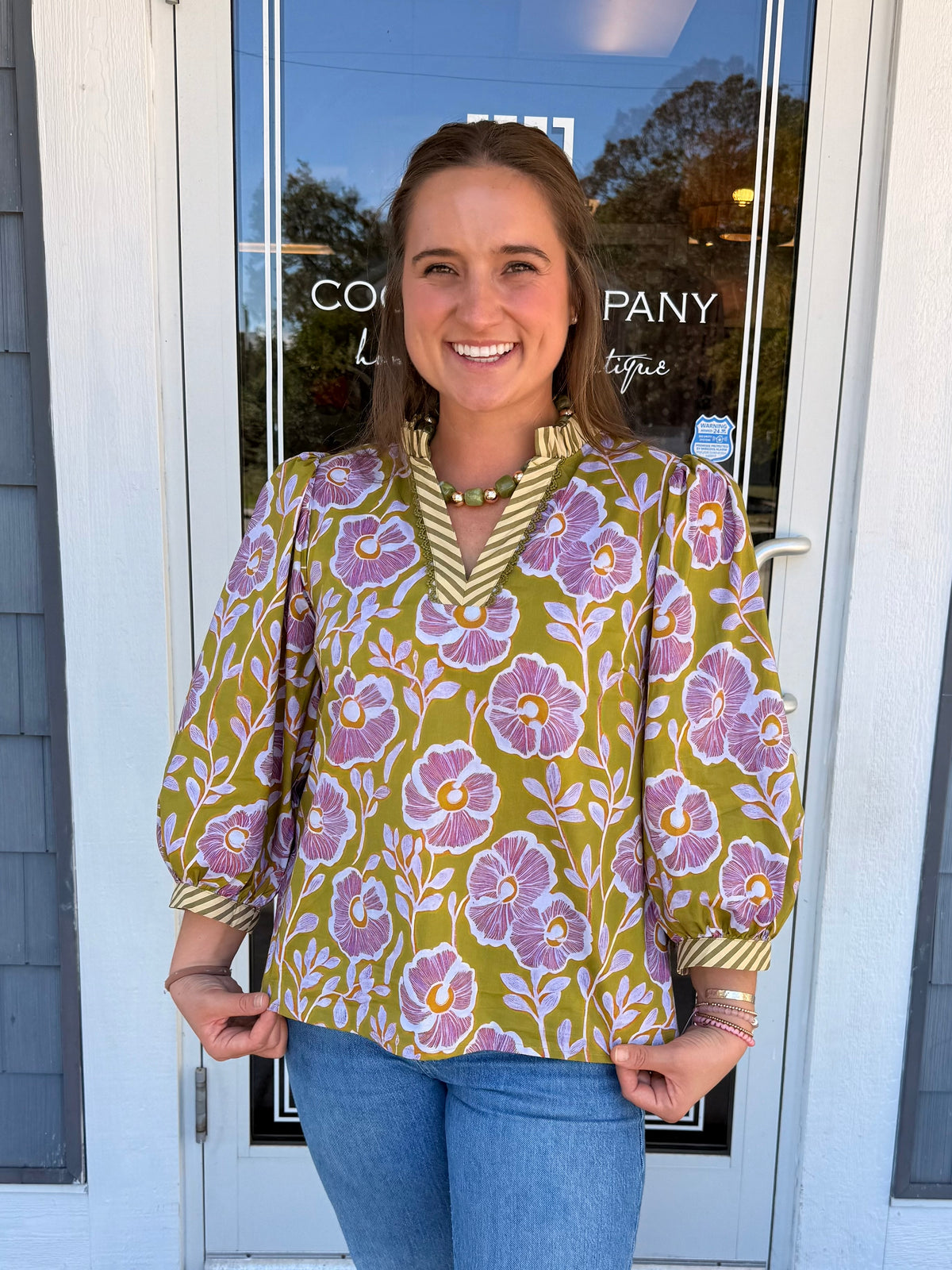Green Floral V-neck Top