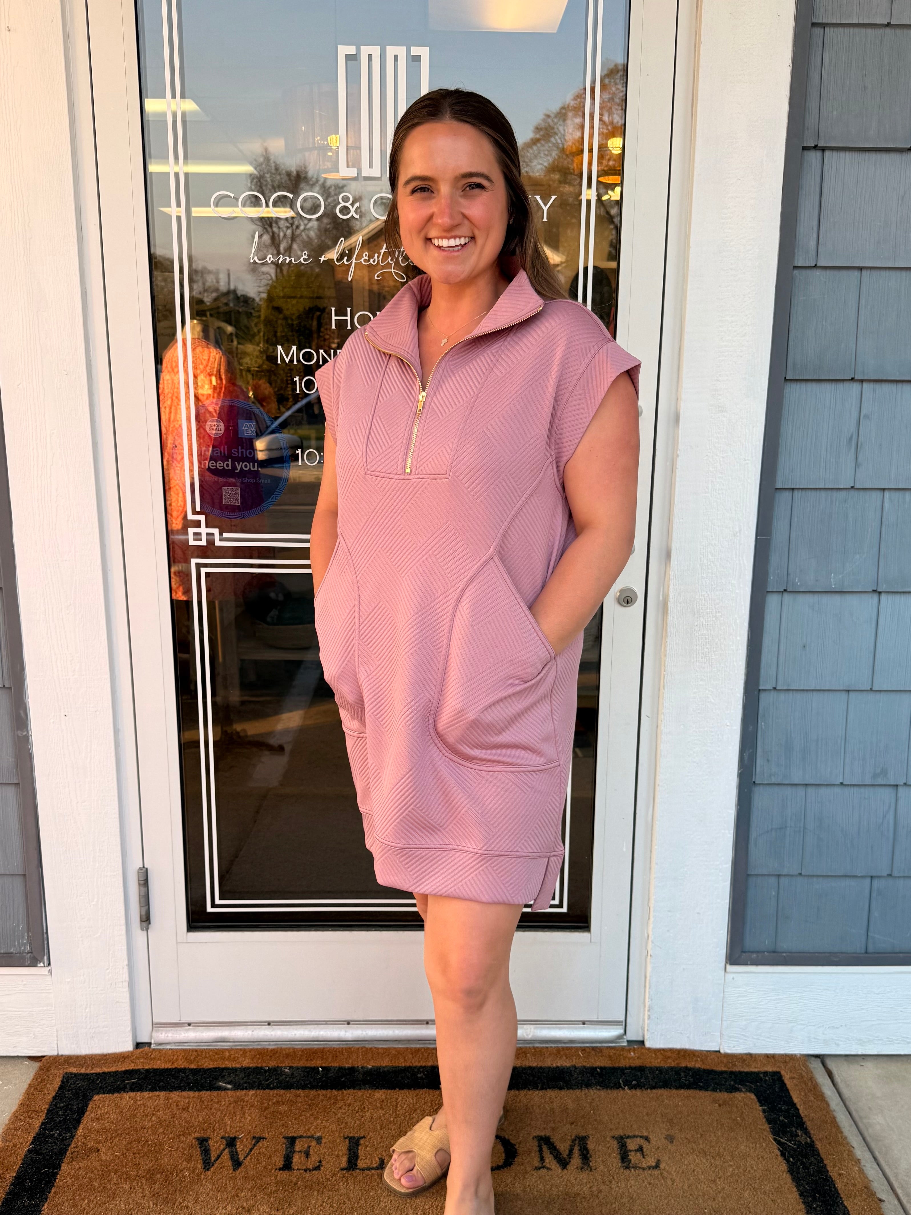 Textured Knit Quarter Zip Dress Light Rose