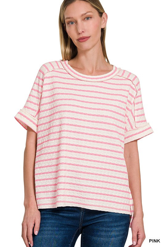 Stripe Jacquard Round Neck Box Tee- Pink