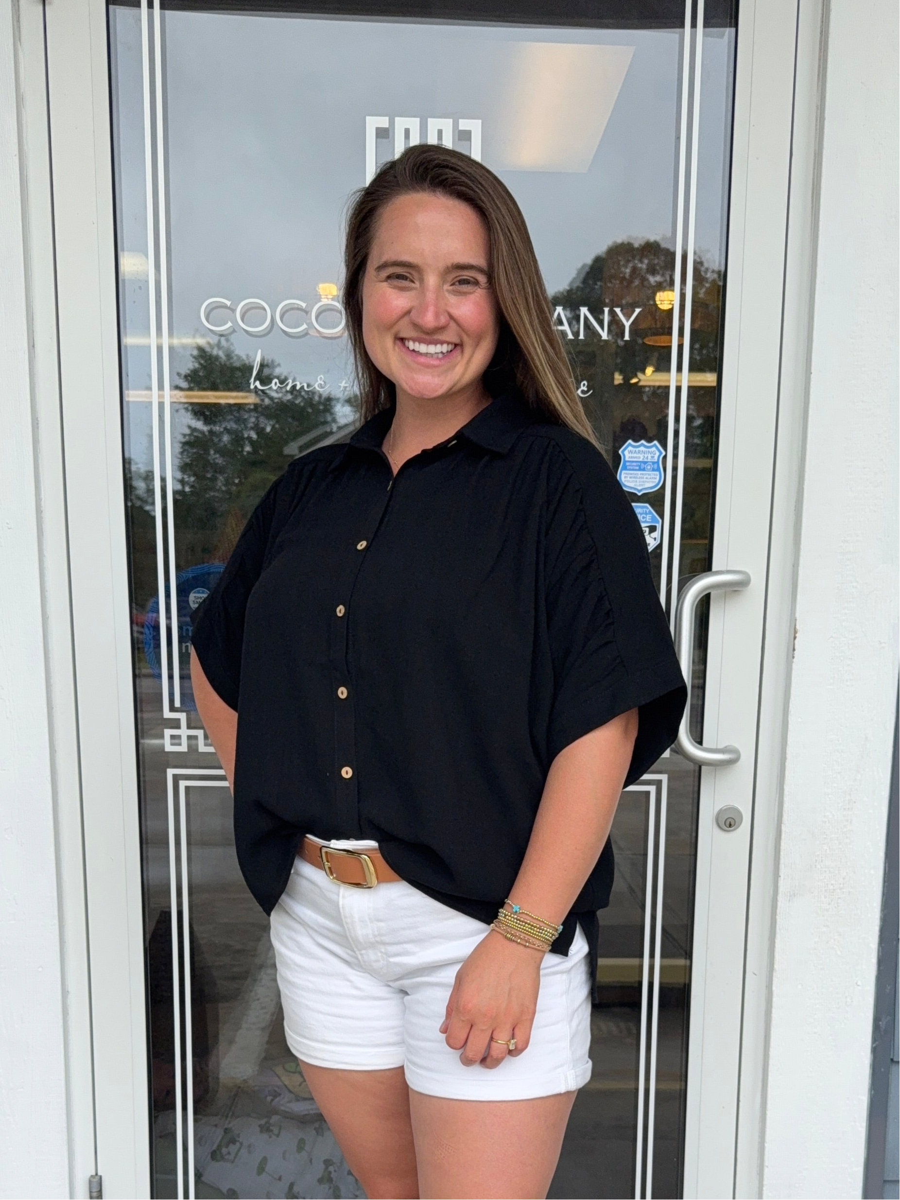 Black Linen Ruched Seam Cuffed Sleeve Button Down Top