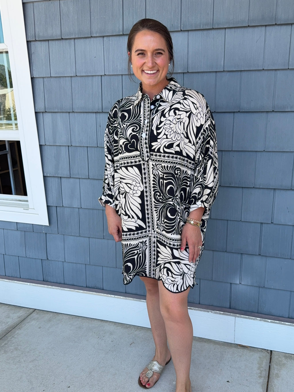 Black Marbled Bandana Dress W/ Scallop Detail