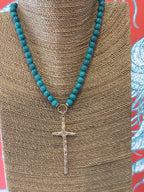 Hammered Cross Pendant Necklace Turquoise & Gold
