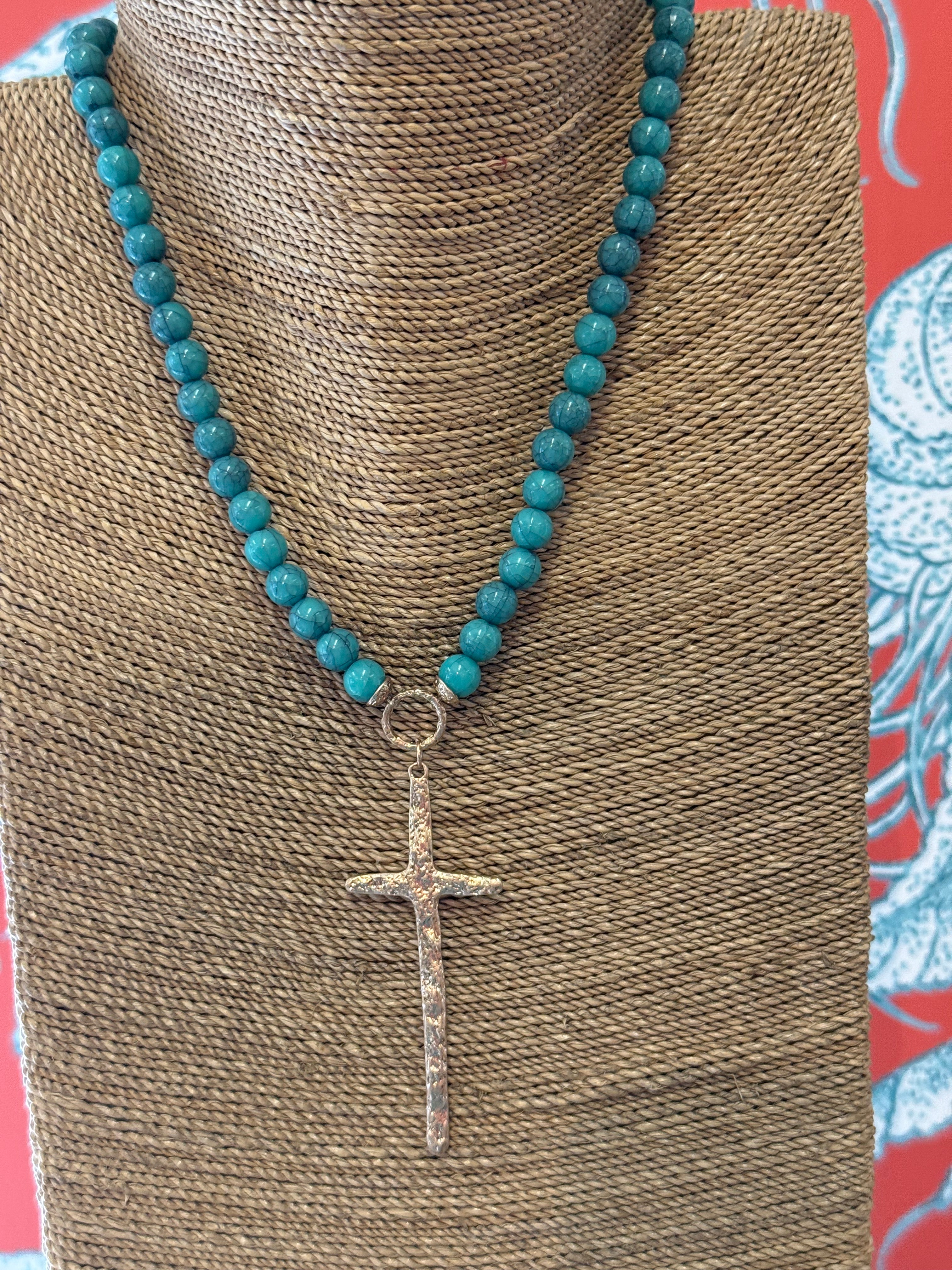 Hammered Cross Pendant Necklace Turquoise & Gold