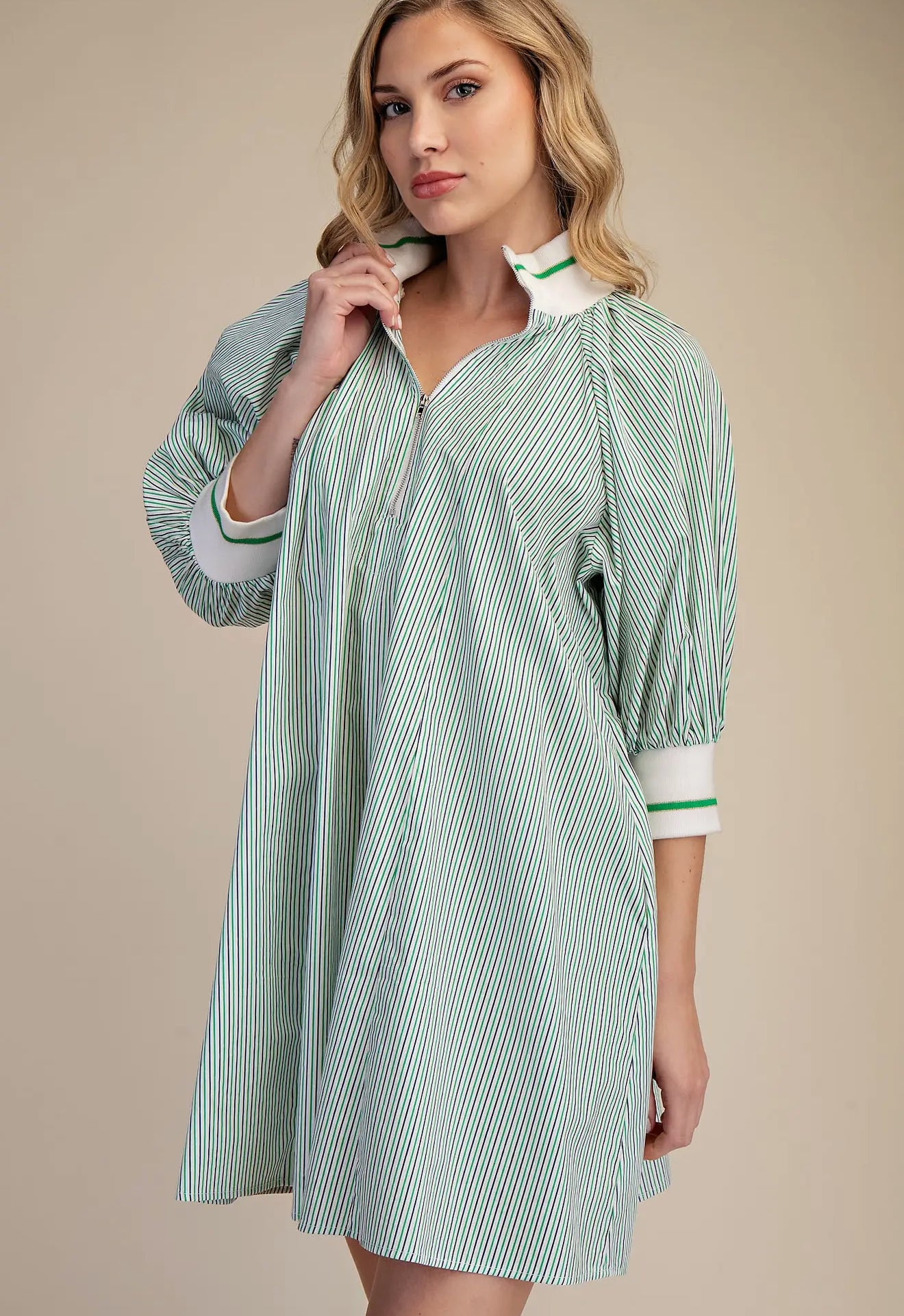 Green & White Mock Neck Banded Puff Sleeve Mini Dress