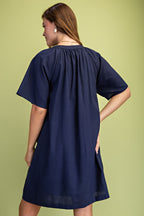 Navy Linen V-Neck Dress