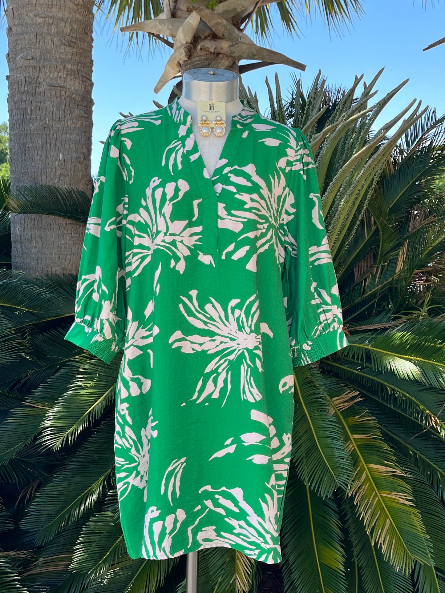 Kelly Green Flower Print 3/4 Sleeves Dress