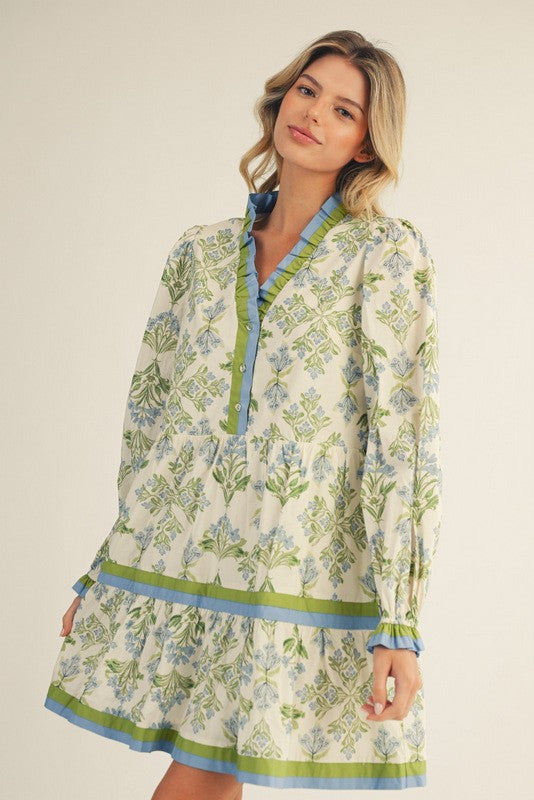 Blue Ruffle Floral Tiered Dress