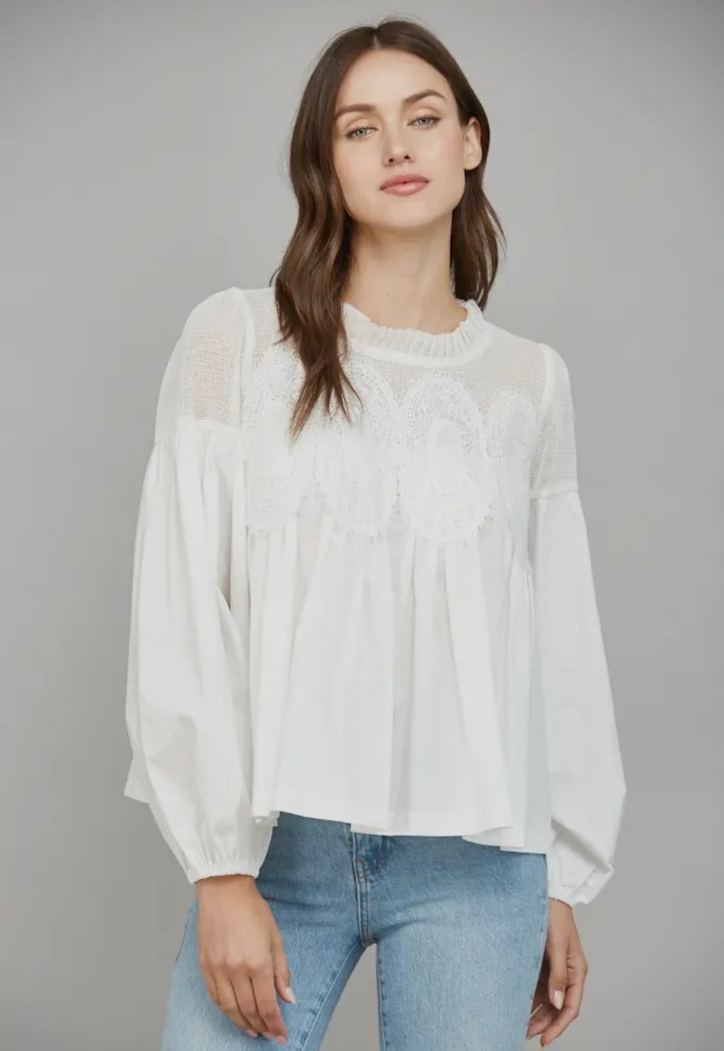 Lace Appliqué Mixed Media LS Blouse White