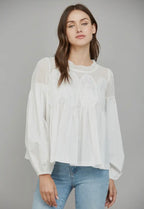 Lace Appliqué Mixed Media LS Blouse White