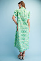 Green Printed Button Down Midi Dress