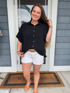 Black Linen Ruched Seam Cuffed Sleeve Button Down Top