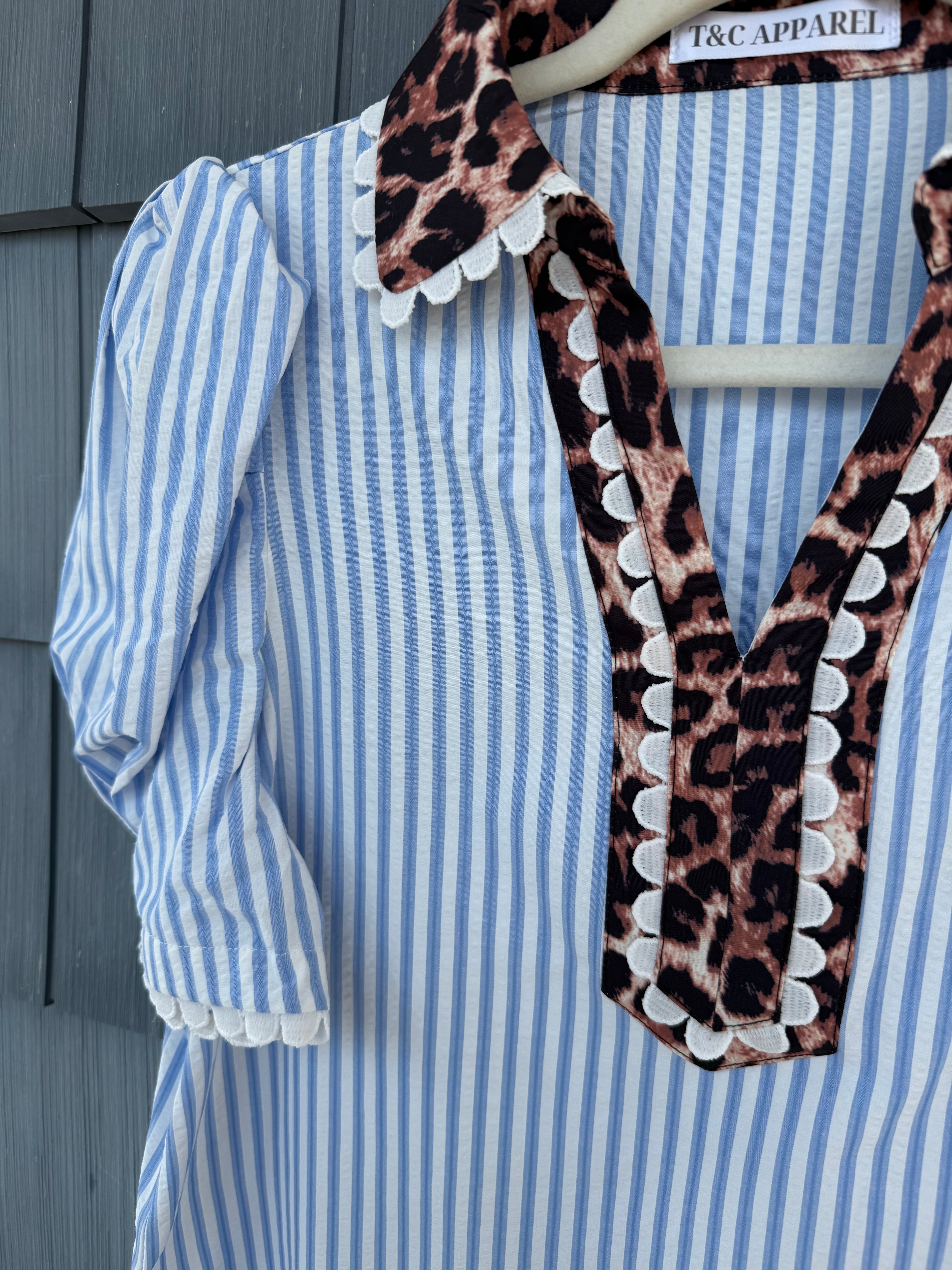 Blue Stripe Cheetah Collar Top