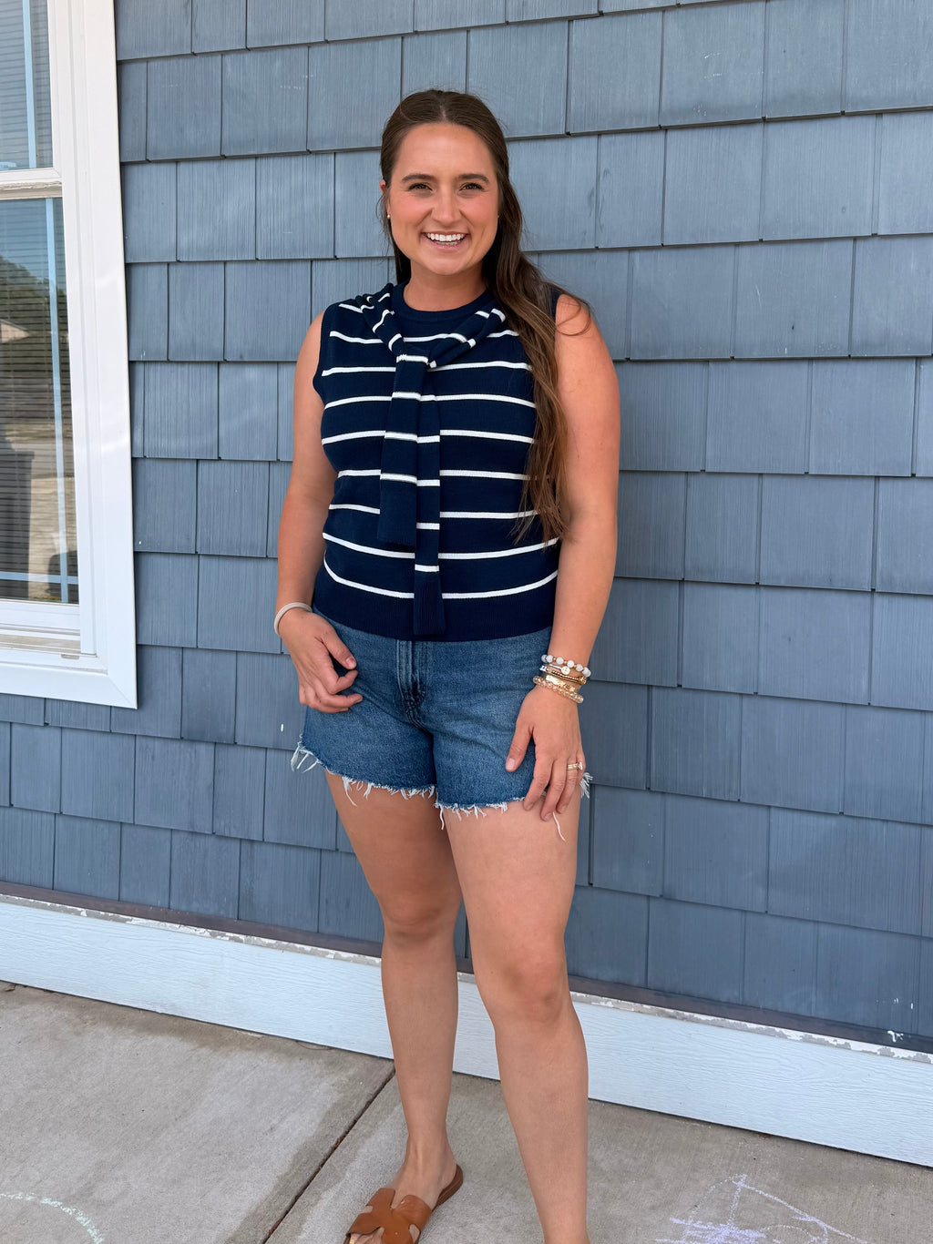 Navy & White Knit Sleeveless Attached Scarf Detail Neckline