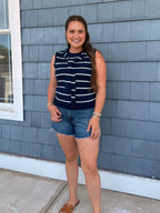 Navy & White Knit Sleeveless Attached Scarf Detail Neckline