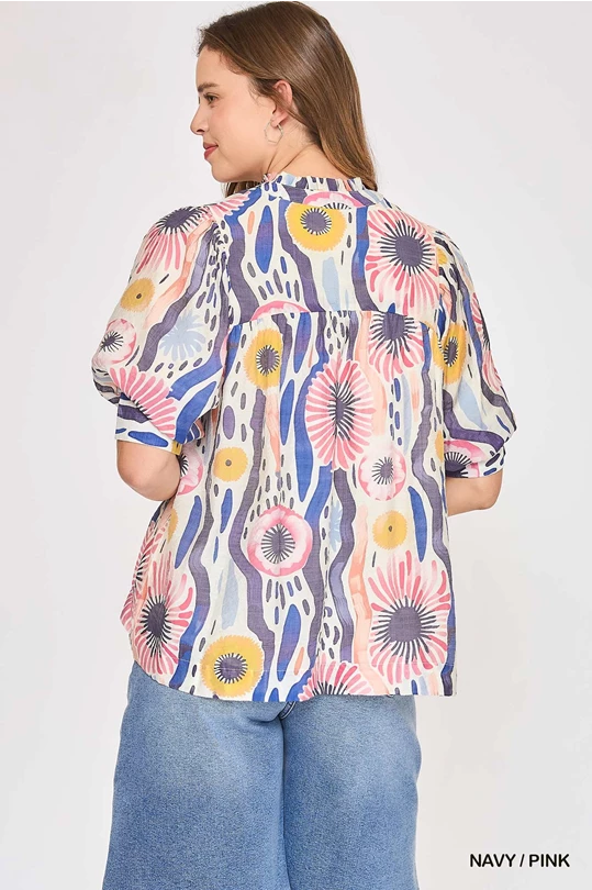 Navy & Pink Abstract Print Blouse