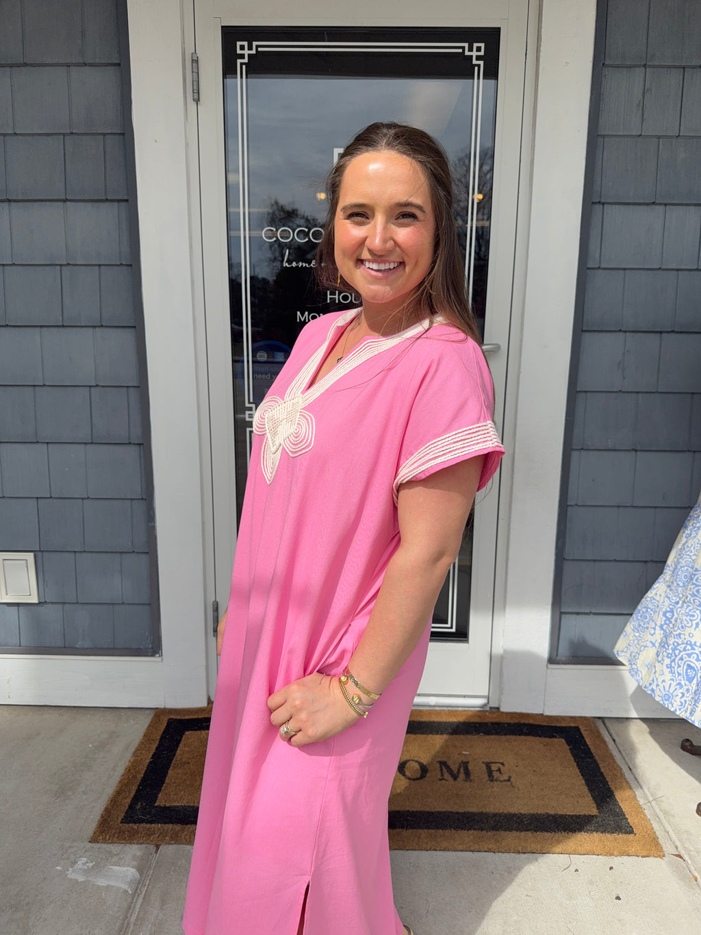 Pink Appliqué Trim Midi Dress