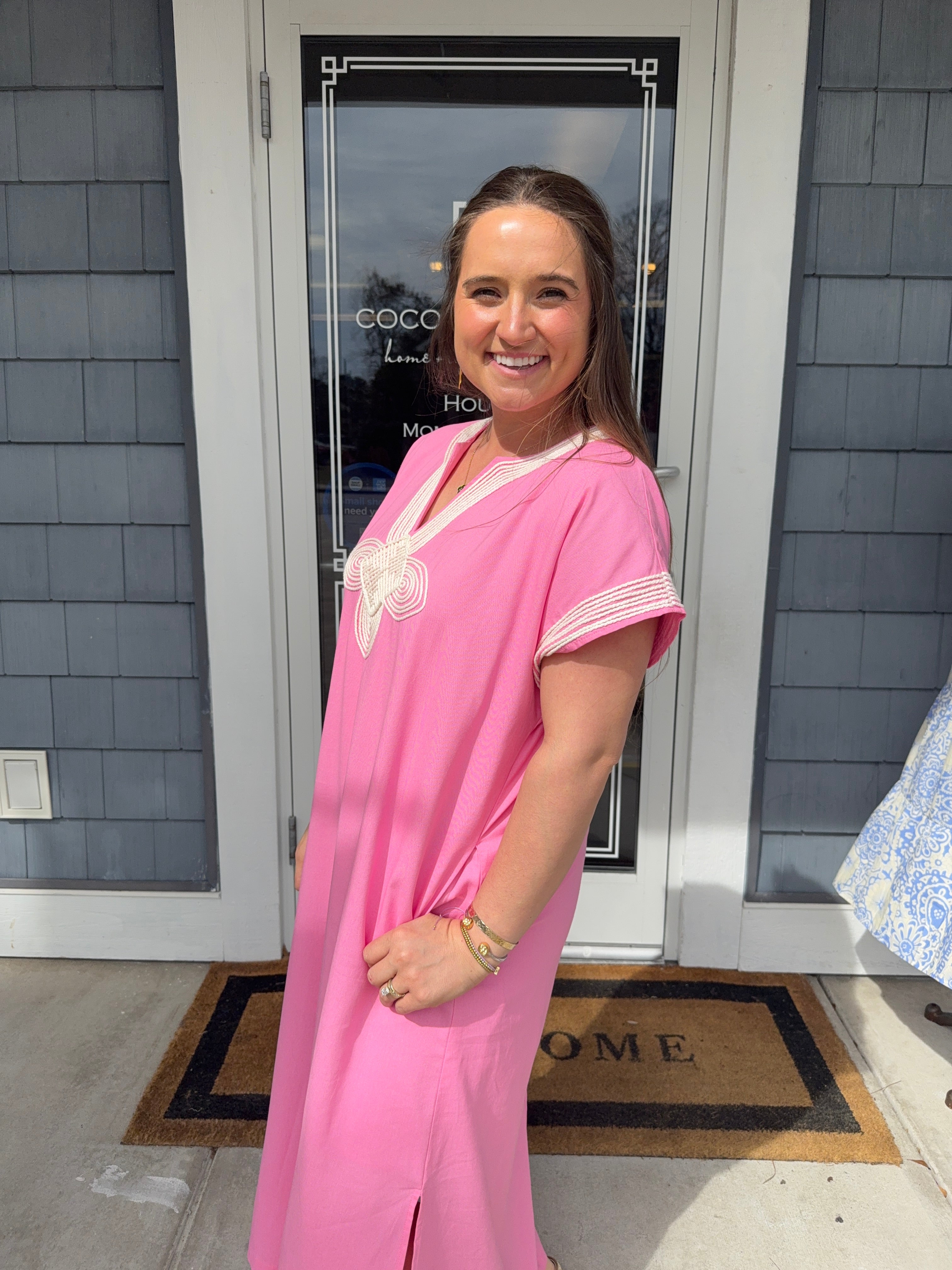 Pink Appliqué Trim Midi Dress