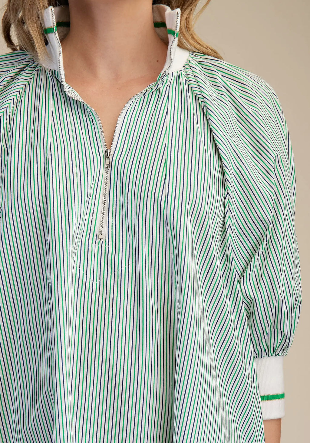 Green & White Mock Neck Banded Puff Sleeve Mini Dress