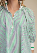 Green & White Mock Neck Banded Puff Sleeve Mini Dress