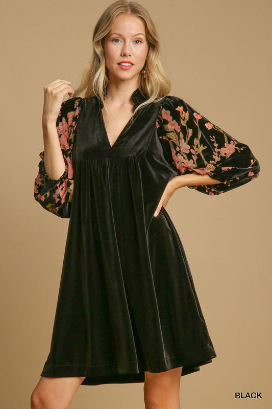 Black Velvet Ruffle Neck Mini Dress