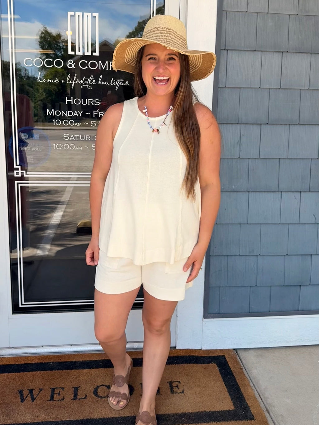 Sleeveless Round Neck Top & shorts Set- Cream
