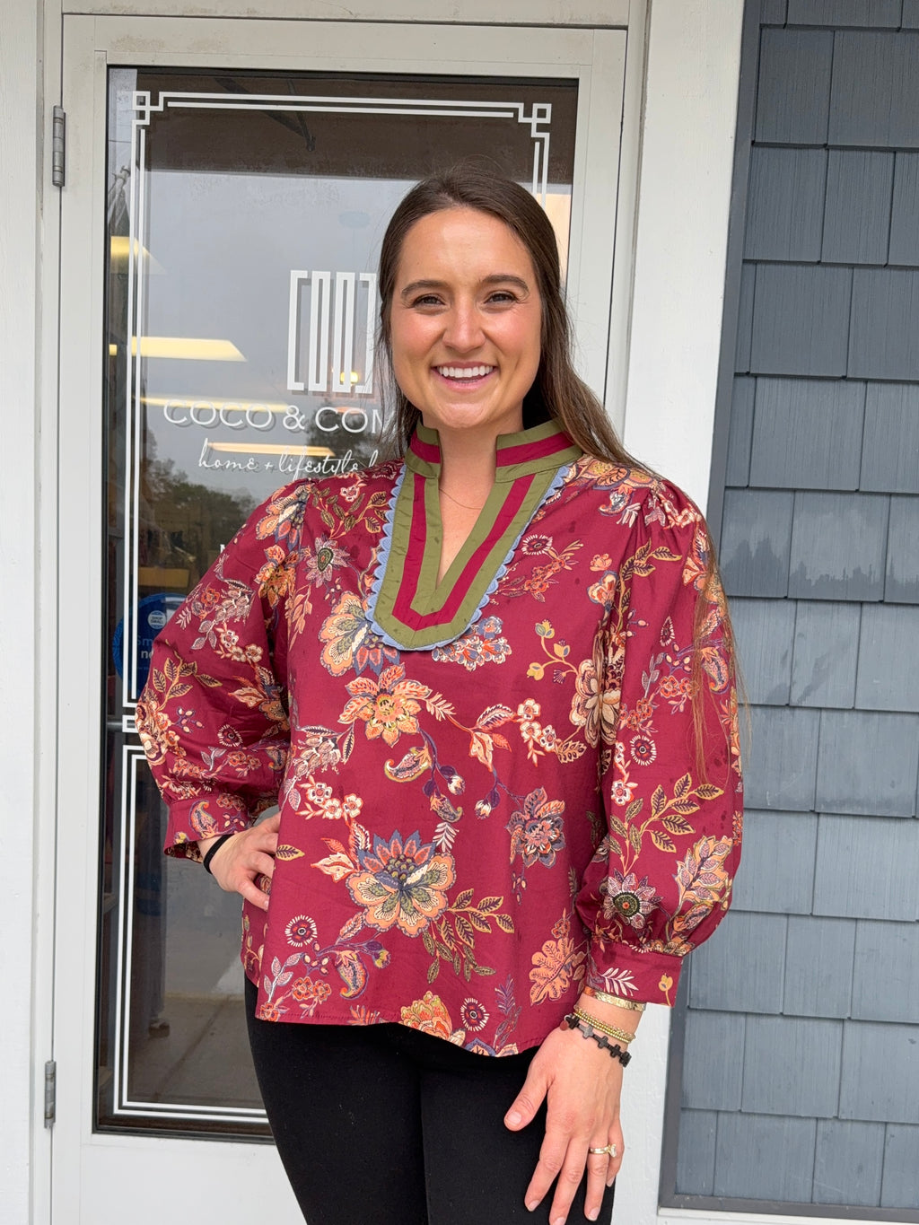 Burgundy Floral Print Scalloped Top