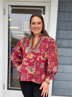 Burgundy Floral Print Scalloped Top