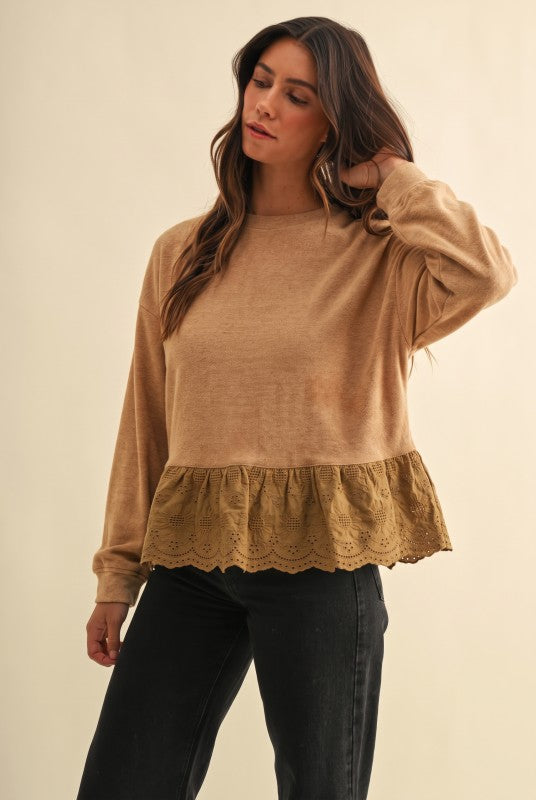Taupe Eyelet Lace Hem Fleece Top