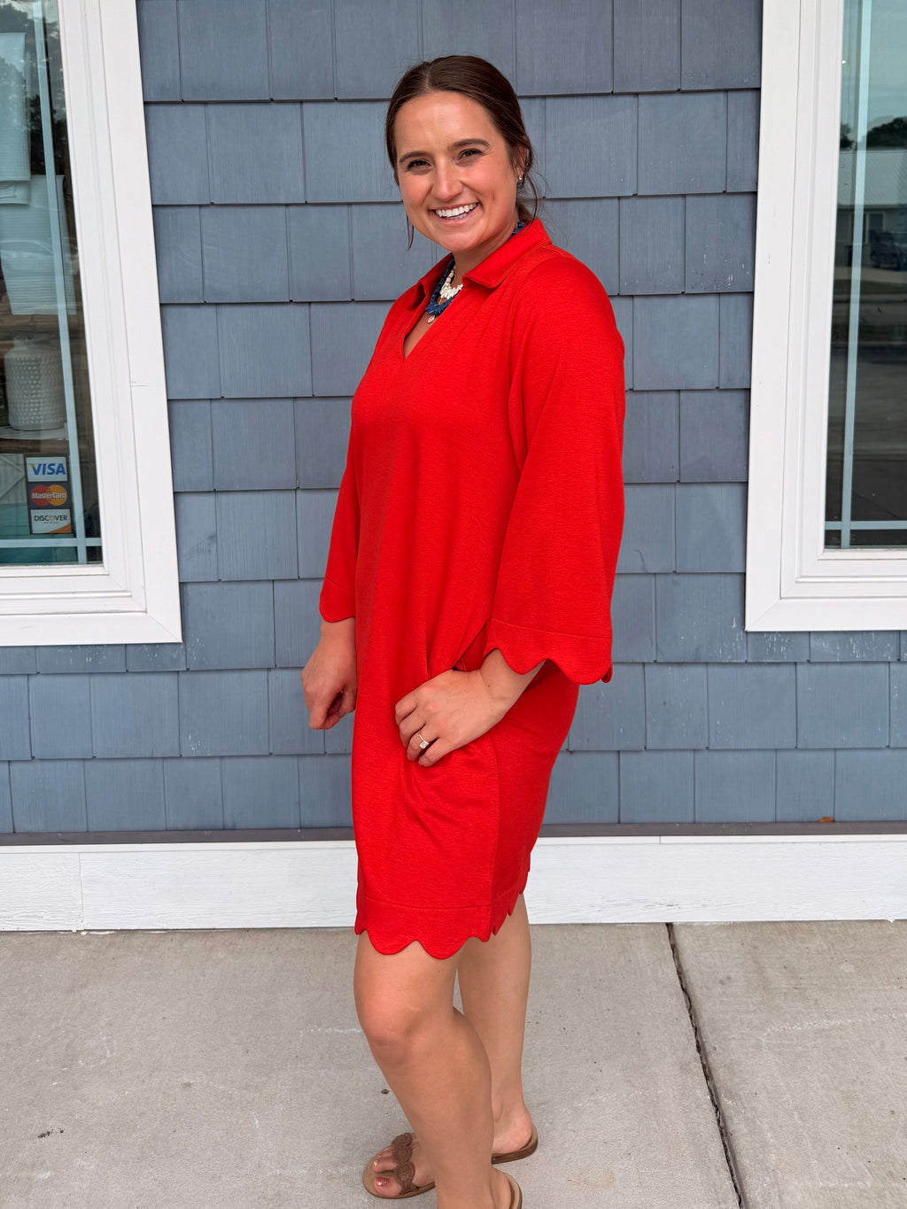 Red Scalloped Hem Solid Dress