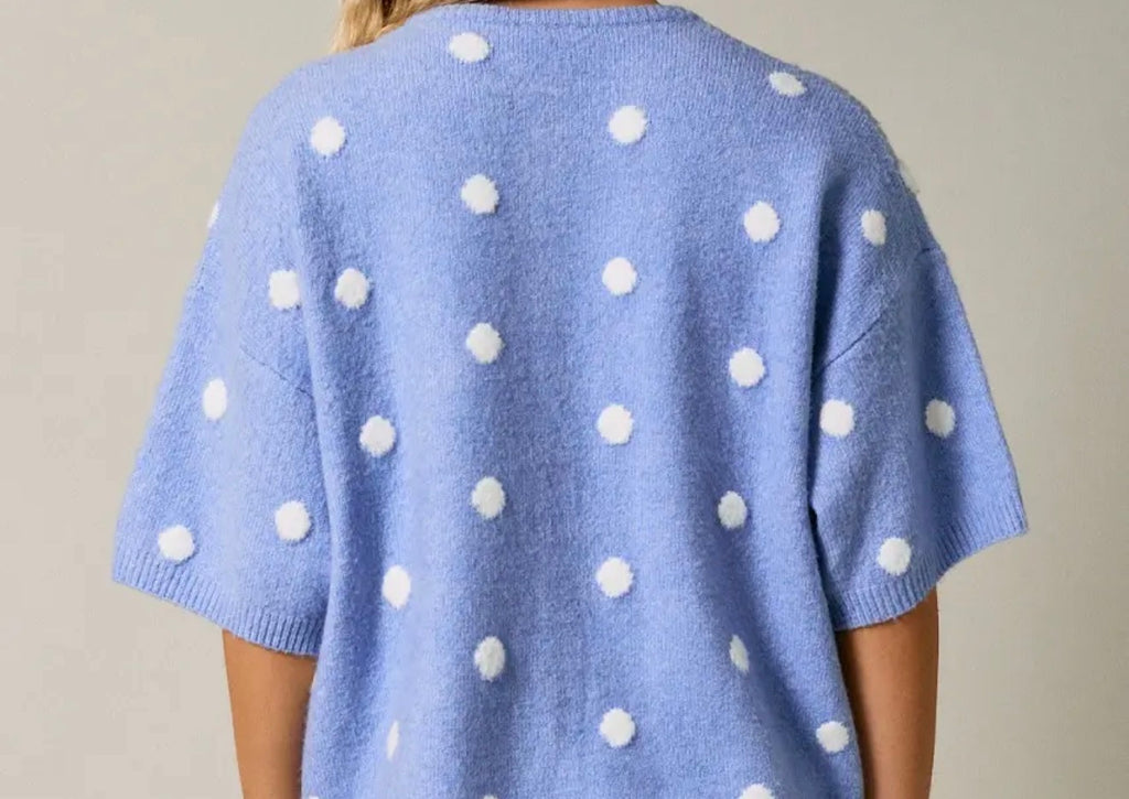 Blue Polka Dot Short Sleeve Crew Neck Knit Cardigan