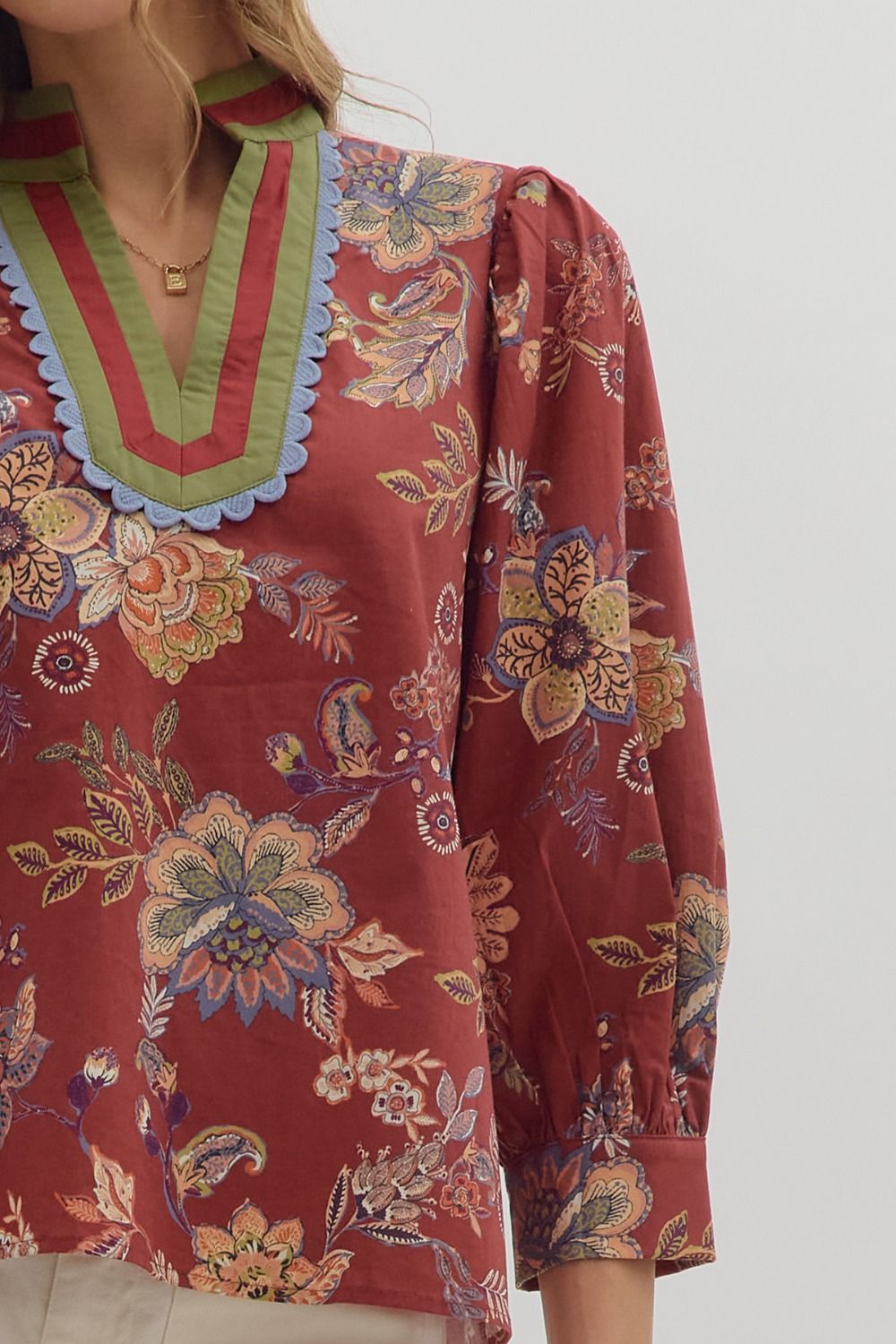 Burgundy Floral Print Scalloped Top